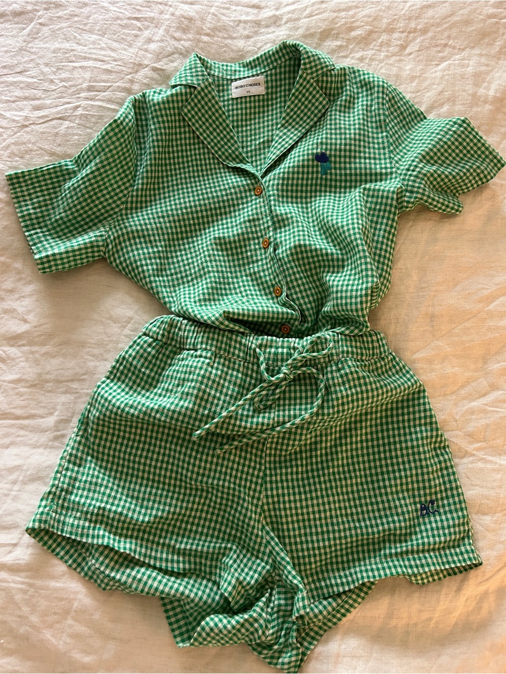 Bobo Choses Green Gingham Matching Shirt + Shorts Set XS